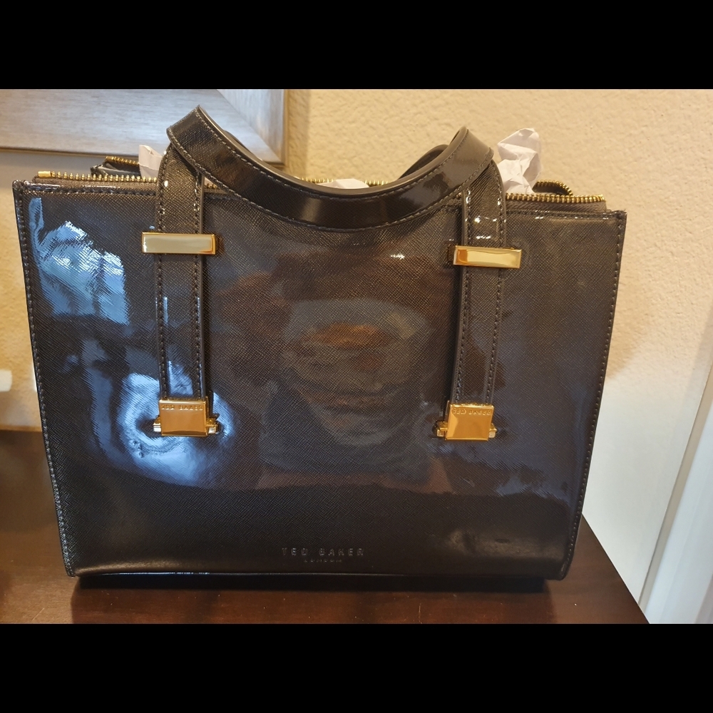 Ted Baker Glossy Black Tote with Gold Accents